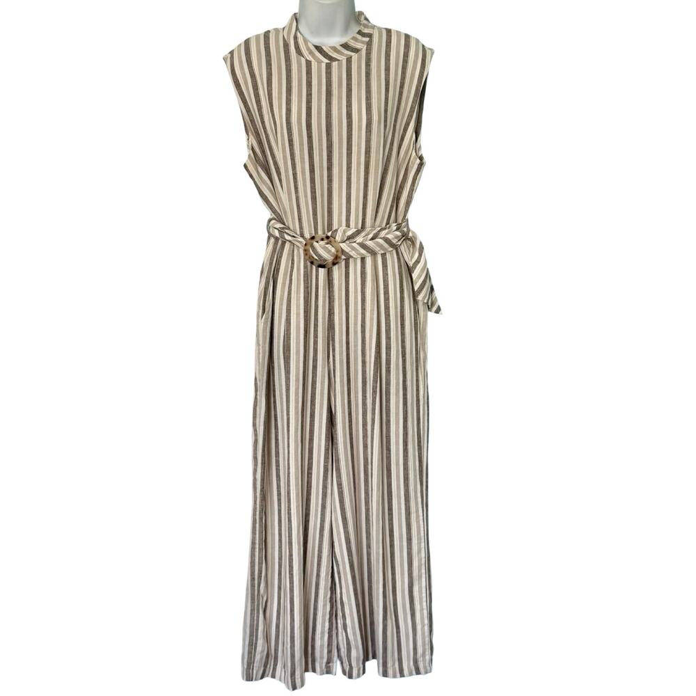 Calvin Klein White Beige Mock Neck Pinstripe Linen Blend Cropped Jumpsuit sz 12 - Picture 2 of 16